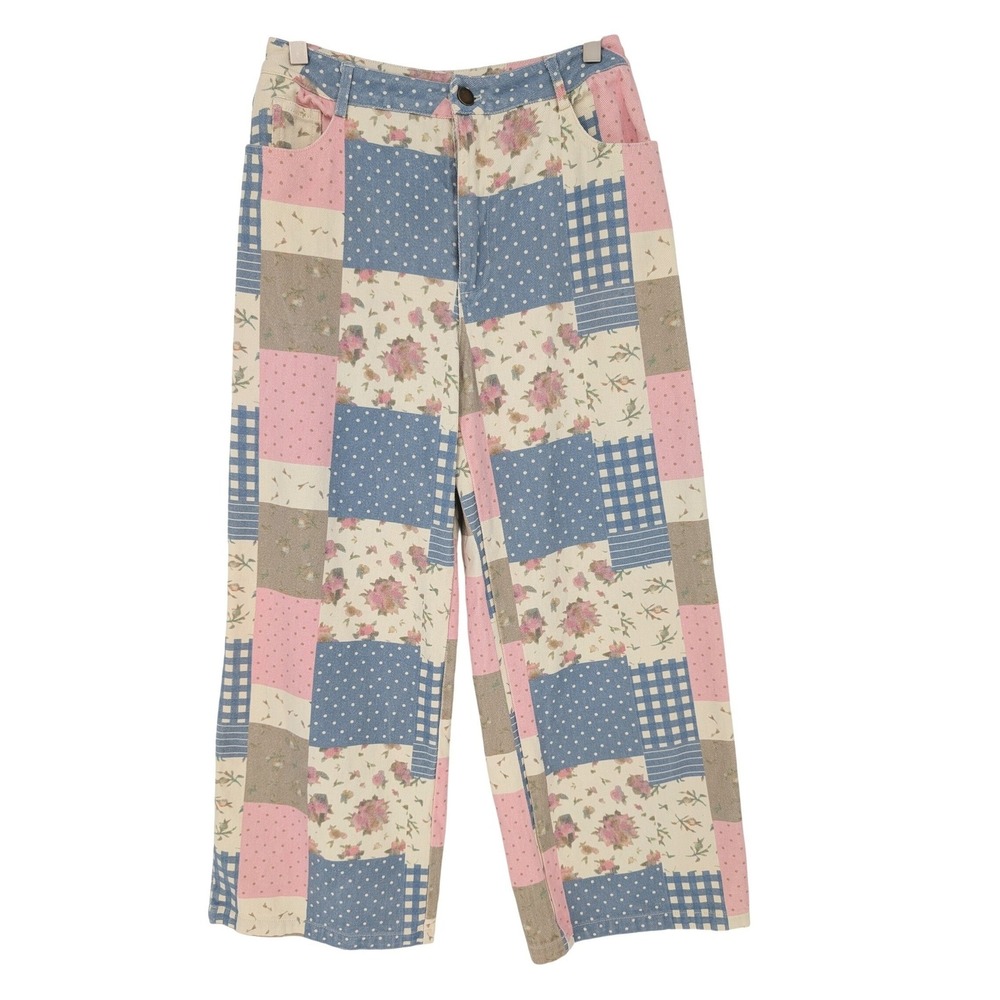 Cider Patchwork Floral Wide Leg Jeans Women S Pink Blue Boho Cottage Retro - Picture 2 of 11